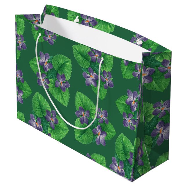 Violets on  emerald green large gift bag (Back Angled)