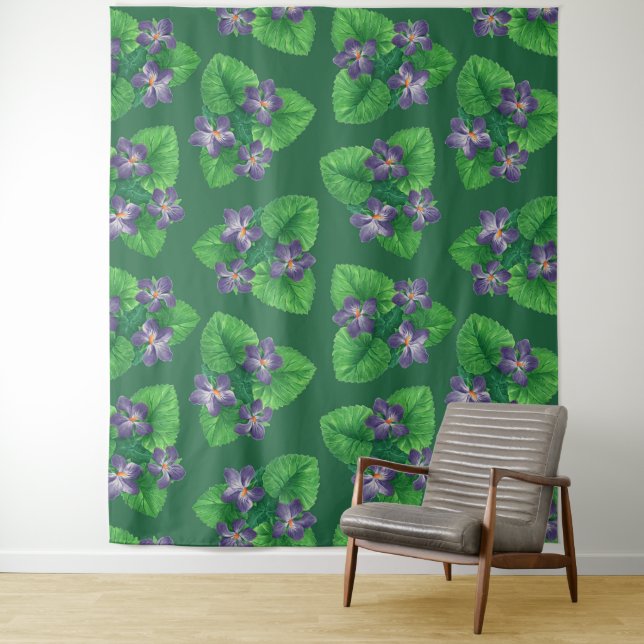 Violets on  emerald green tapestry (In Situ)