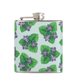 Violets on sea glass blue hip flask