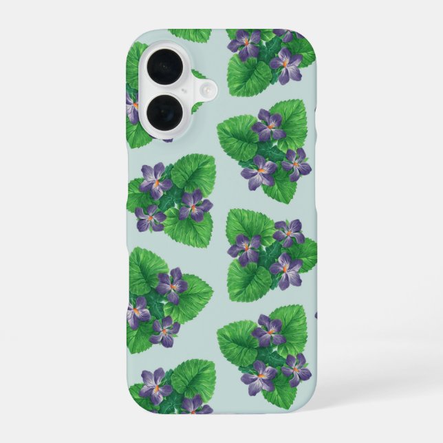Violets on sea glass blue iPhone 16 case (Back)