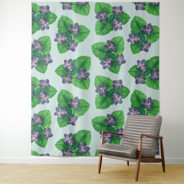 Violets on sea glass blue tapestry (In Situ)
