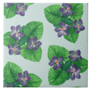 Violets on sea glass blue tile