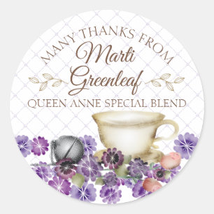Violets teapot teacup hand blend tea personalised classic round sticker