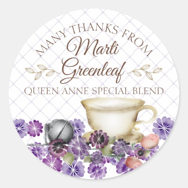 Violets teapot teacup hand blend tea personalised classic round sticker (Front)