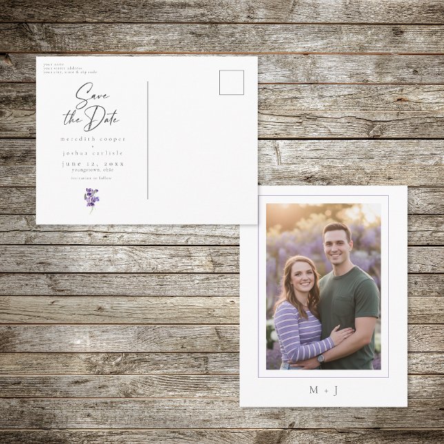 Violets Watercolor Minimal Elegant Wedding Photo Announcement Postcard (Creator Uploaded)