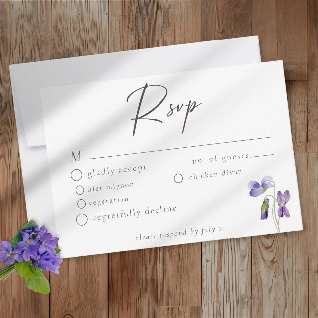 Violets Watercolor Minimalist Elegant Wedding RSVP Card (Creator Uploaded)