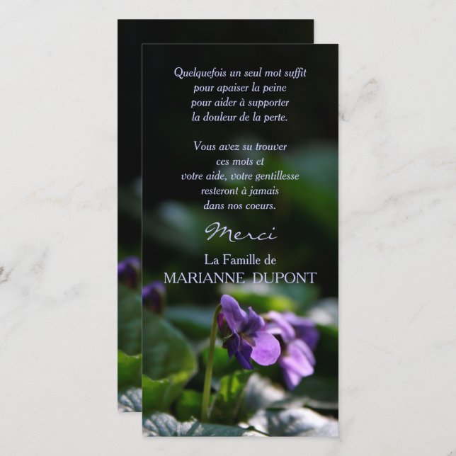 Violettes Sauvages Carte de Remerciement Deuil (Front/Back)