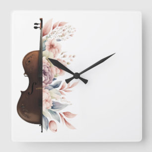 Violin among flowers. Bouquet of flowers. Square Wall Clock