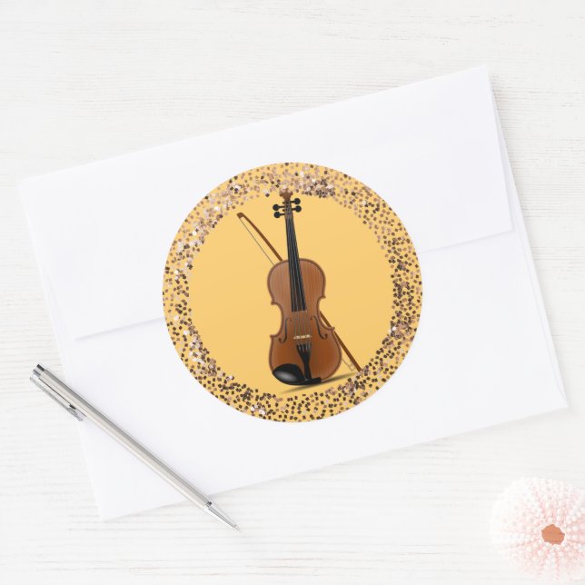 Violin and Bow, glitter frame, Classic Round Sticker (Envelope)