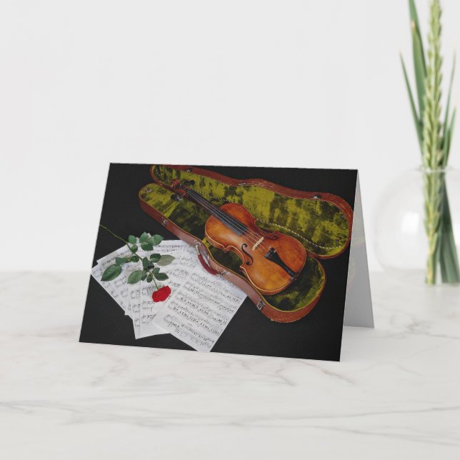 Violin and red rose on black background card (Front)