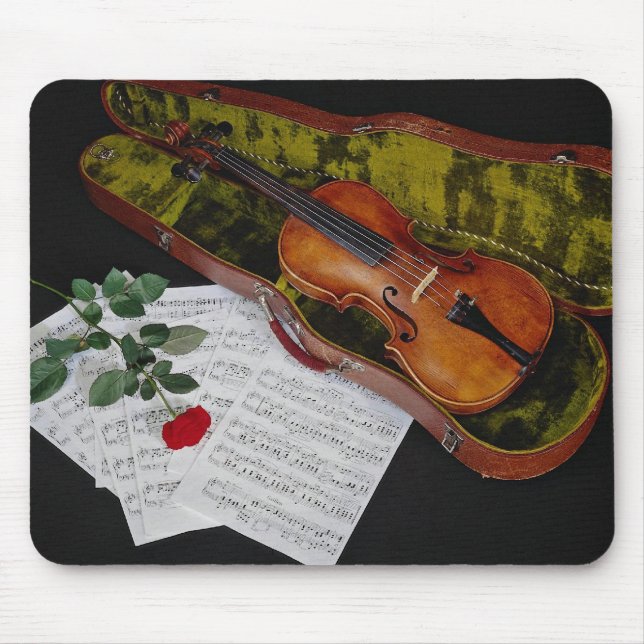 Violin and red rose on black background mouse pad (Front)