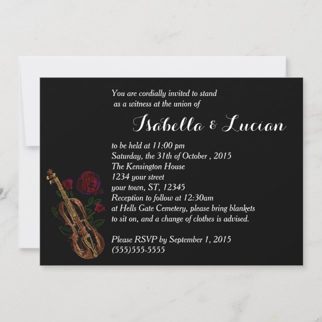 Violin and Roses Goth Wedding Invitations (Front)