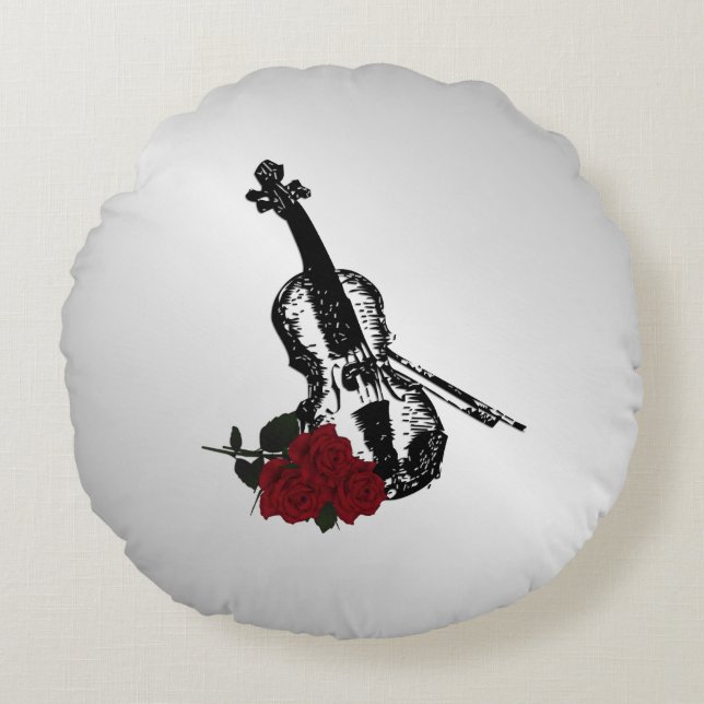 Violin and Roses Silver Round Cushion (Front)