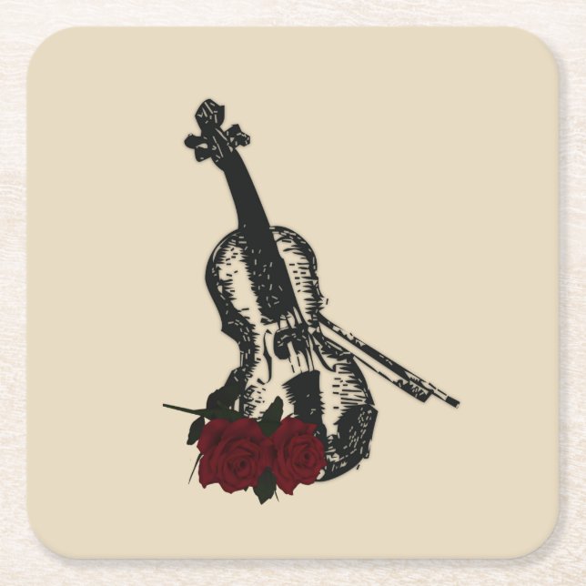 Violin and Roses Square Paper Coaster (Front)