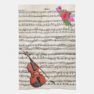 Violin and Roses Vintage Sheet Music Design Tea Towel