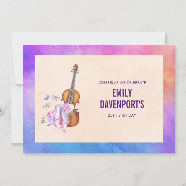 Violin, Ballet Shoes and Butterflies Birthday Invitation (Front)