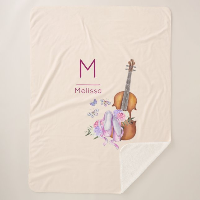 Violin, Ballet Shoes and Butterflies Monogram Sherpa Blanket (Front)
