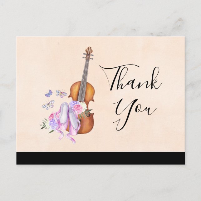 Violin, Ballet Shoes, and Butterflies Party Thanks Postcard (Front)