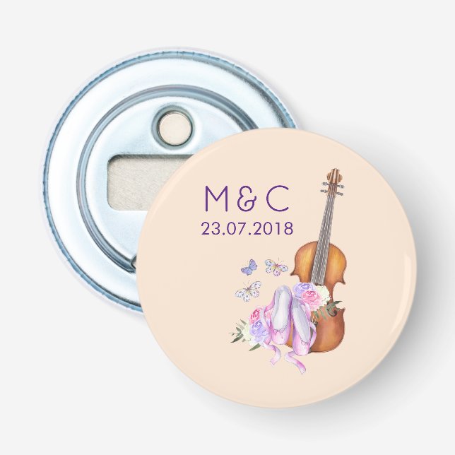 Violin, Ballet Shoes and Butterflies Wedding Bottle Opener (Front)