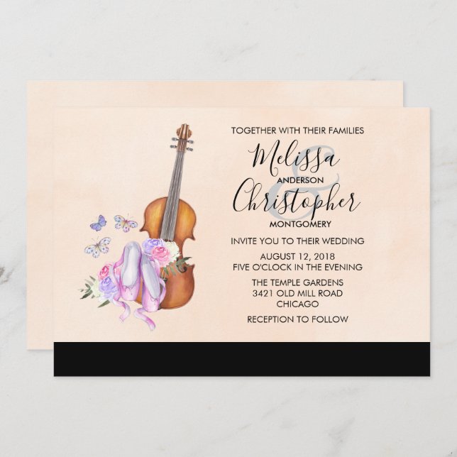 Violin, Ballet Shoes, and Butterflies Wedding Invitation (Front/Back)