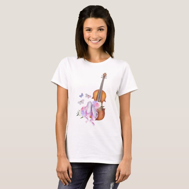 Violin, Ballet Shoes, Flowers and Butterflies T-Shirt (Front Full)