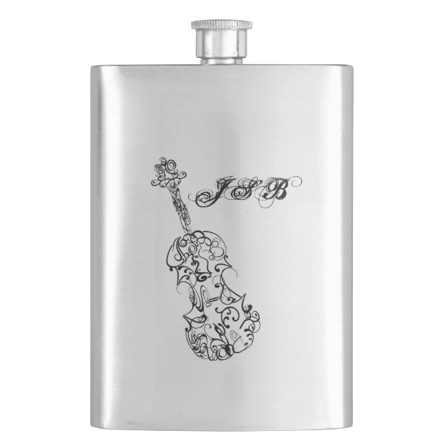 Violin Black Line Drawing Customisable Monogram Hip Flask (Front)