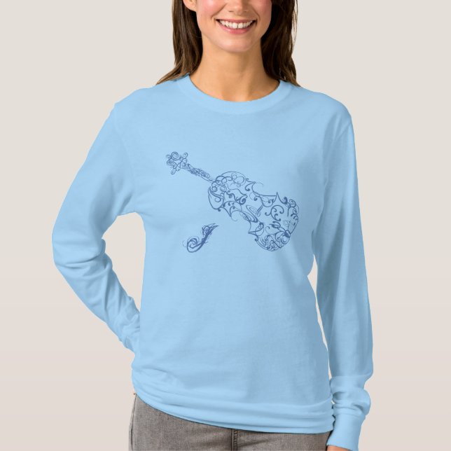Violin Blue Line Drawing With Initial T-Shirt (Front)
