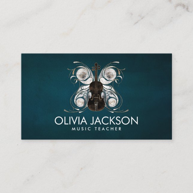 Violin Butterfly  - Watercolor and gold Business Card (Front)