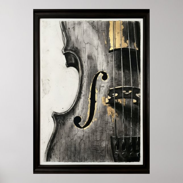 Violin Cello Black White Gold Abstract Music Art Poster (Front)
