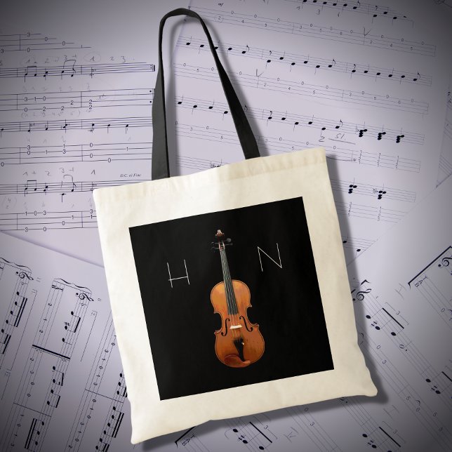 Violin Classical Music Monogram Black Tote Bag (Creator Uploaded)
