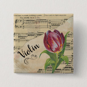Violin Elegant Tulip Vintage Sheet Music 15 Cm Square Badge