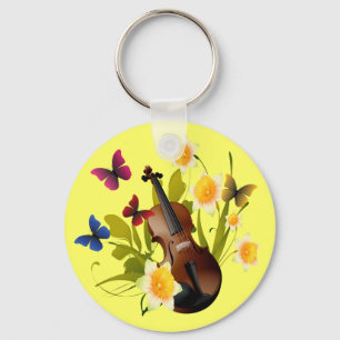 VIOLIN, FLOWERS AND BUTTERFLIES KEY RING