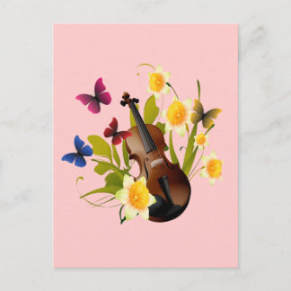 VIOLIN, FLOWERS AND BUTTERFLIES POSTCARD