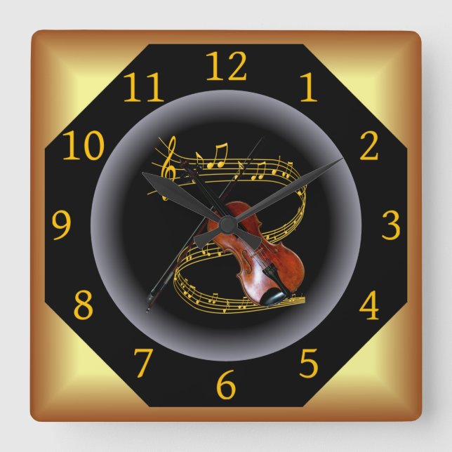 Violin ~ G clef ~ Musical Swirl ~ Spotlight ~* ~   Square Wall Clock (Front)
