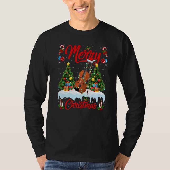 Violin  Lights Xmas Tree Santa Violin Christmas T-Shirt (Front)