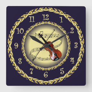 Violin ~ Musical Scroll ~ Gold/Navy Blue ~  ~ Square Wall Clock