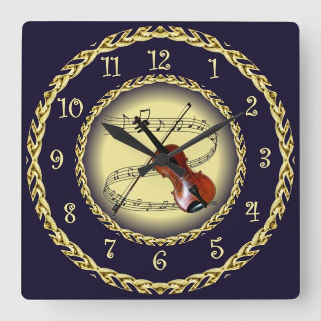 Violin ~ Musical Scroll ~ Gold/Navy Blue ~  ~ Square Wall Clock (Front)