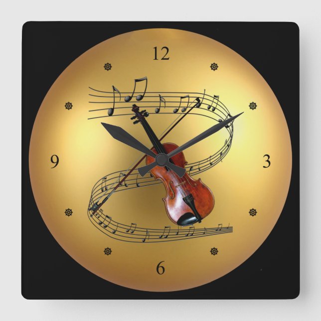 Violin ~Musical Scroll ~ Golden Globe Background ~ Square Wall Clock (Front)