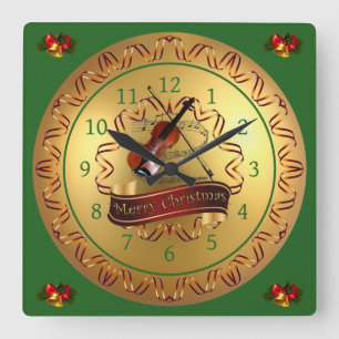 Violin ~ Musical Scroll ~ “Merry Christmas” Square Wall Clock