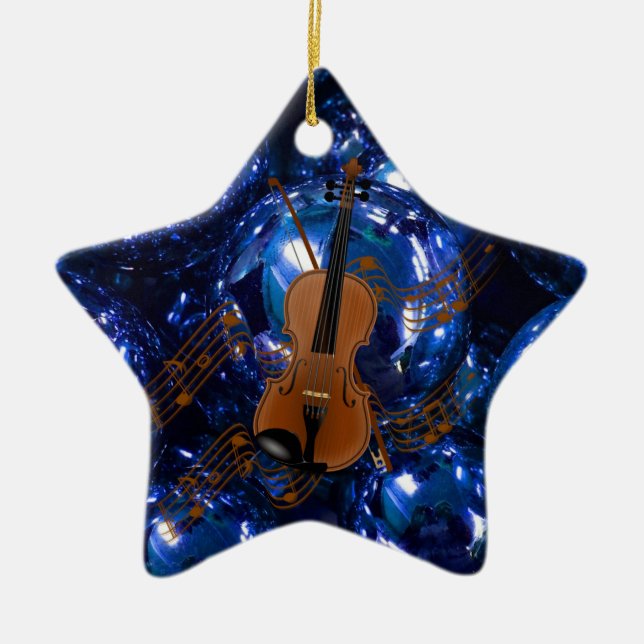 Violin on Christmas Blue Baubles Ceramic Tree Decoration (Front)