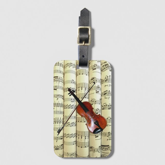 Violin On Rolled Sheet Music ~  Luggage Tag (Front Vertical)