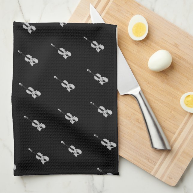 Violin Pattern - Black and White Tea Towel (Quarter Fold)