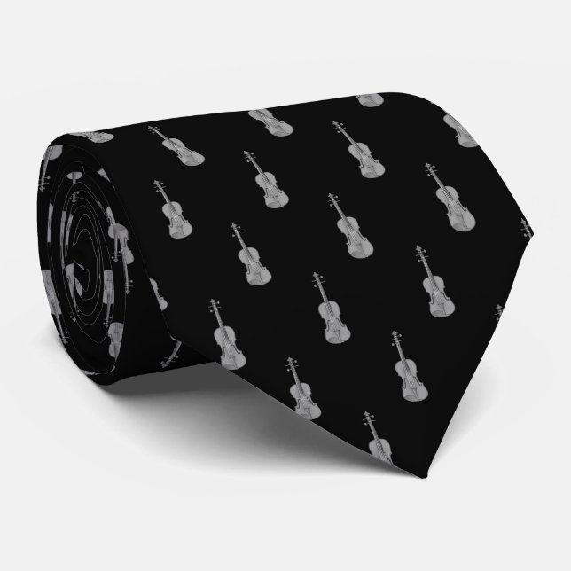 Violin Pattern - Black Silver Gray Grey White  Tie (Rolled)
