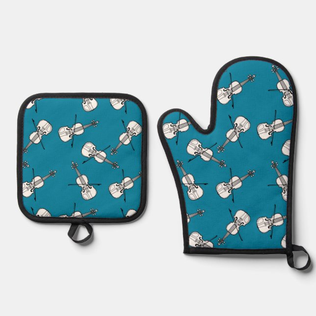 Violin Pattern Oven Mitt & Pot Holder Set (Front)