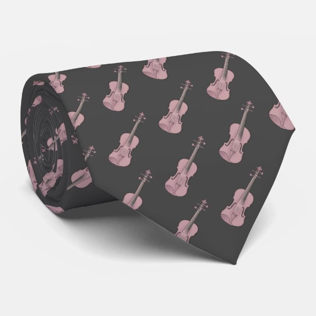 Violin Pattern - Pink and Dark Grey Tie (Rolled)
