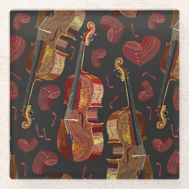 Violin Red Heart Music Pattern Glass Coaster (Front)