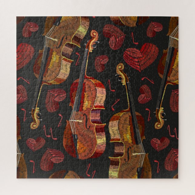 Violin Red Heart Music Pattern Jigsaw Puzzle (Vertical)