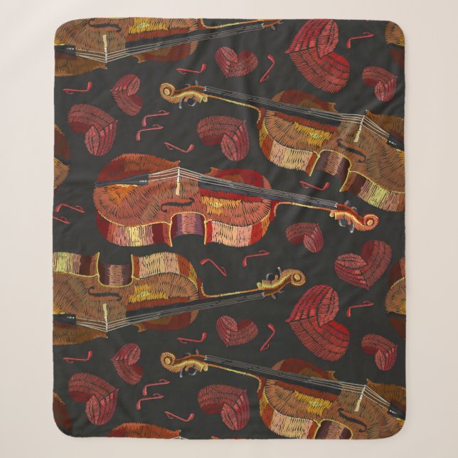 Violin Red Heart Music Pattern Sherpa Blanket (Front)