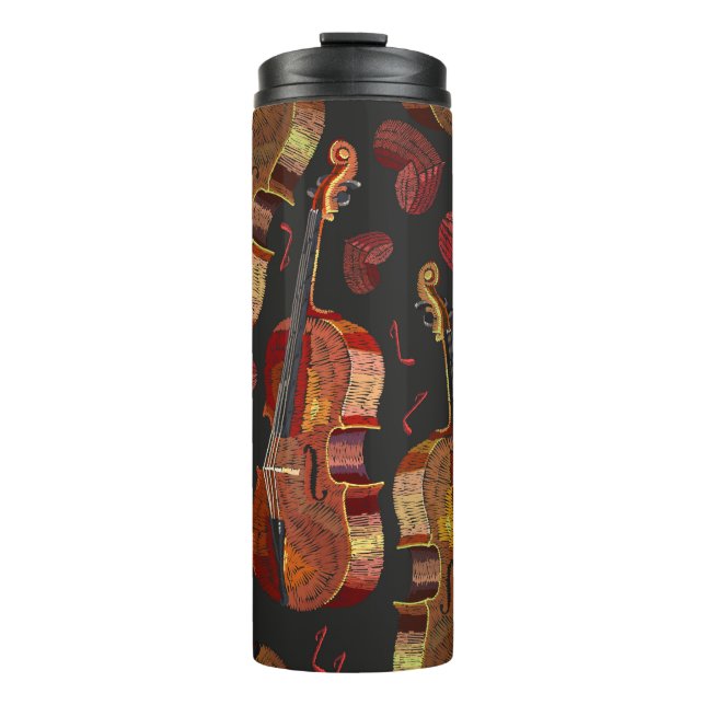 Violin Red Heart Music Pattern Thermal Tumbler (Front)