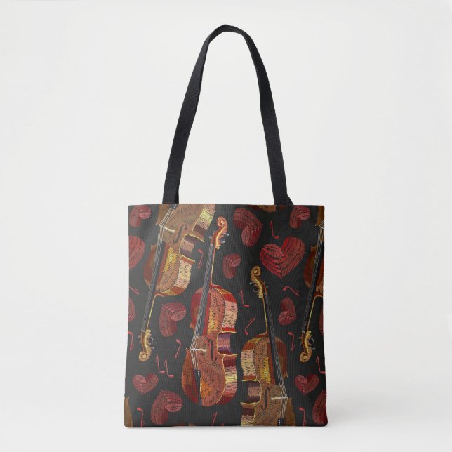 Violin Red Heart Music Pattern Tote Bag (Front)